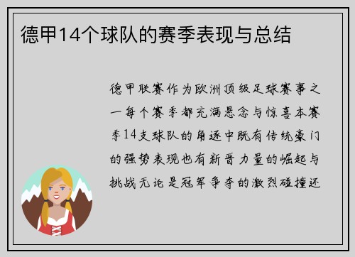德甲14个球队的赛季表现与总结